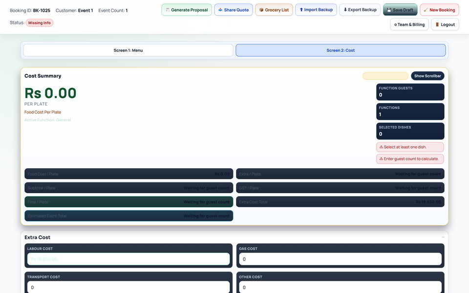 Per plate cost summary dashboard